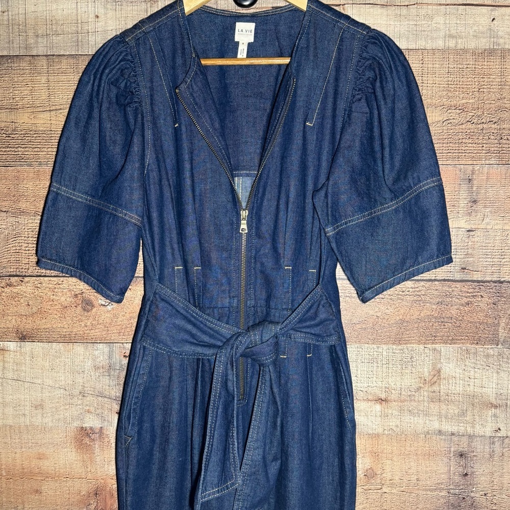 Rebecca Taylor La Vie Puff Sleeve Denim Jumpsuit size Small Tie Waist - Picture 5 of 15